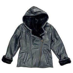 Wilsons Leather Hooded Jacket Womens M Black Leaather‎ Genevieve Fur Lined Coat